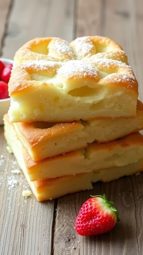 Fluffy Cloud Bread Recipe Fluffy cloud bread pieces on a wooden table with berries.